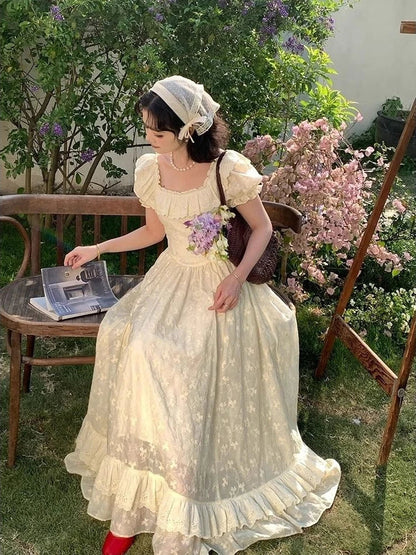 Lace Ruffles Long Dresses Square Neck Spring Summer Princess Dress Aline Sweet Vestidos Mujer