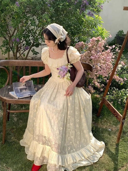 Lace Ruffles Long Dresses Square Neck Spring Summer Princess Dress Aline Sweet Vestidos Mujer