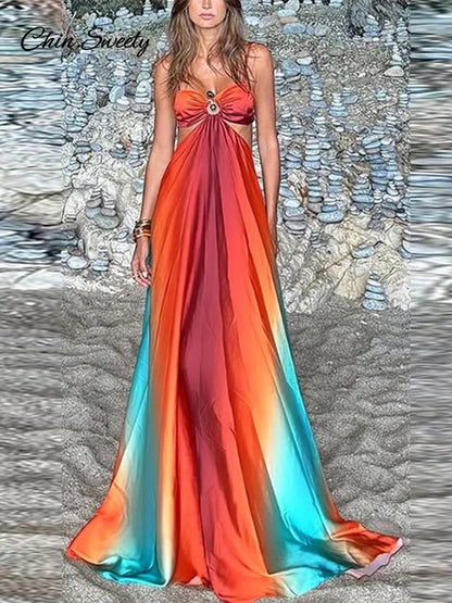 Slip Gradient Long Dress Satin Backless Cut Out Beach A-line Dresses Summer Lady Pleat Vacation Robes