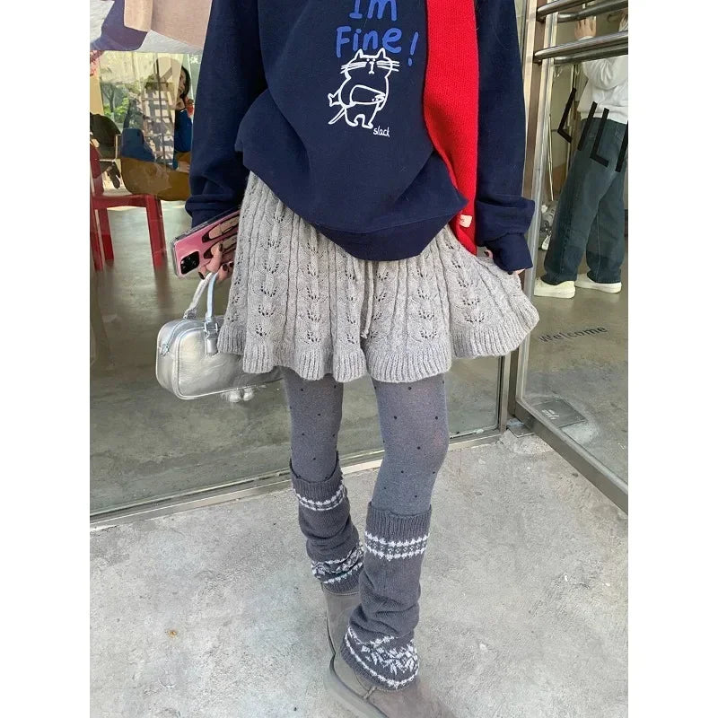 High Waist Lace Up Aline Skirt Spring New Korean Seethrough Hollow Color Knitted Mini Skirt