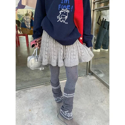 High Waist Lace Up Aline Skirt Spring New Korean Seethrough Hollow Color Knitted Mini Skirt