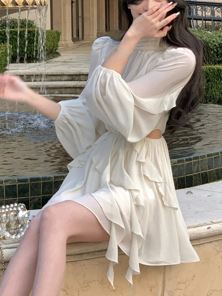 Summer Beach Style Chiffon Y2k Mini Dress Office Lady Long Sleeve One Piece Dress Korean Clothing