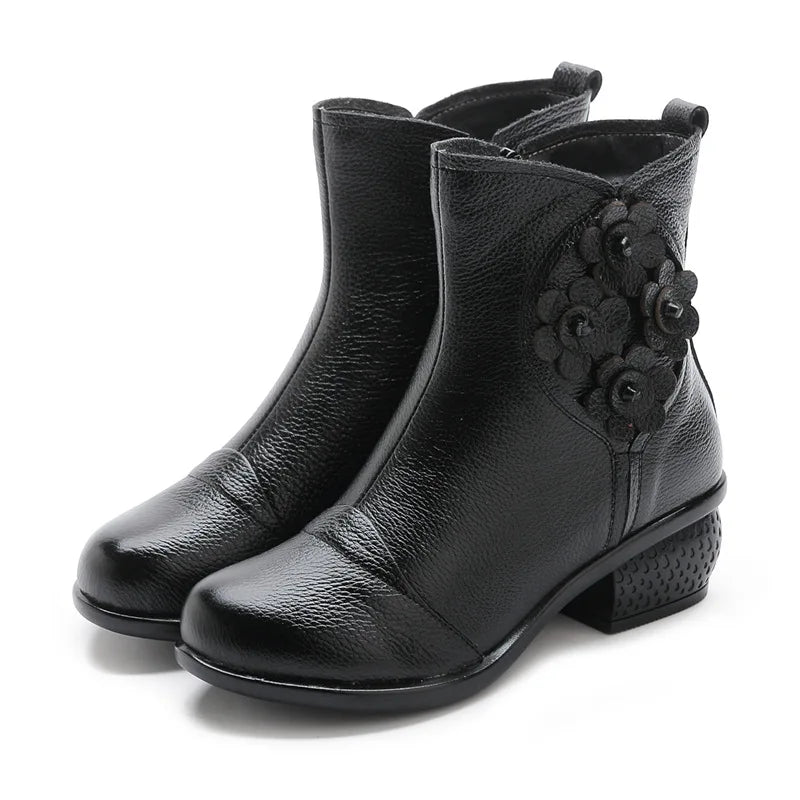 Autumn and Winter New Pu Leather Shoes Style Flower Ankle Boots Soft Sole