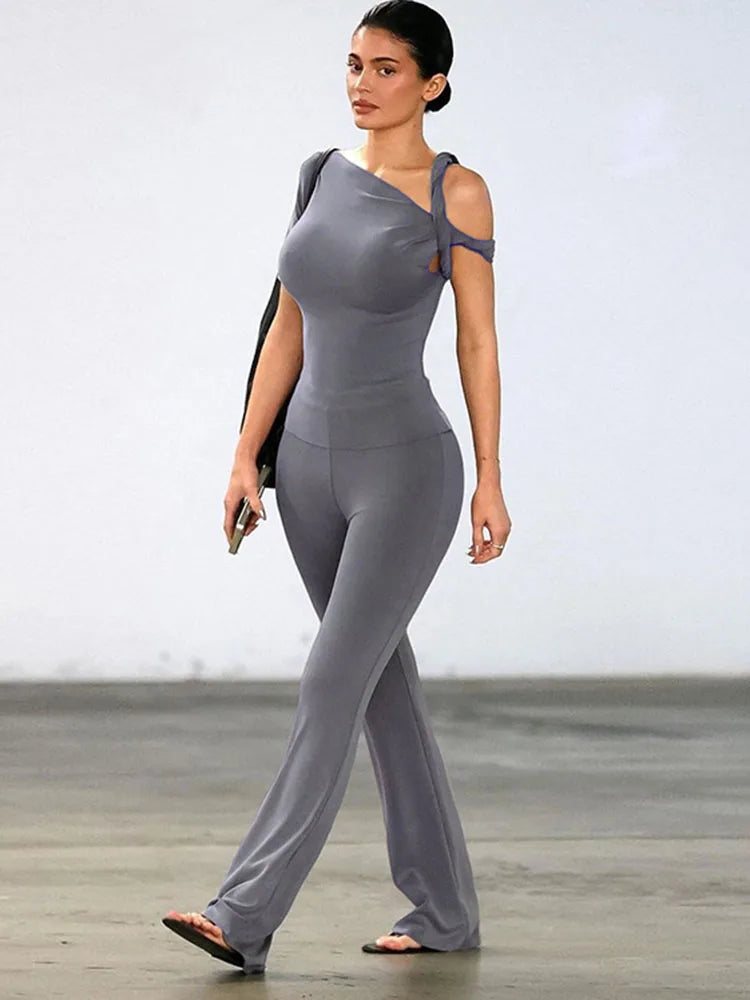 One Shoulder Backless Pants Suit Summer Color Slim Pants Suit ’s Pants Suit 2-piece Set