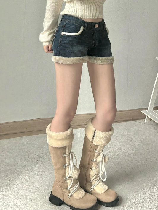 Kawaii Fluffy Trim Mini Jeans Gentle Sweet Style Pants All-match Blue Short Design