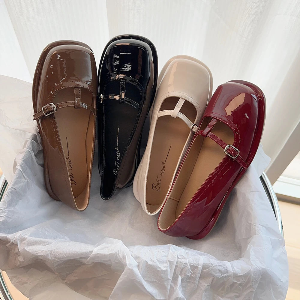 Patent Leather Ballet Flats Shoes Autumn Allmatch Oxfords Square Toe Fall New Summer Mary Janes Square Toe Shoes Au