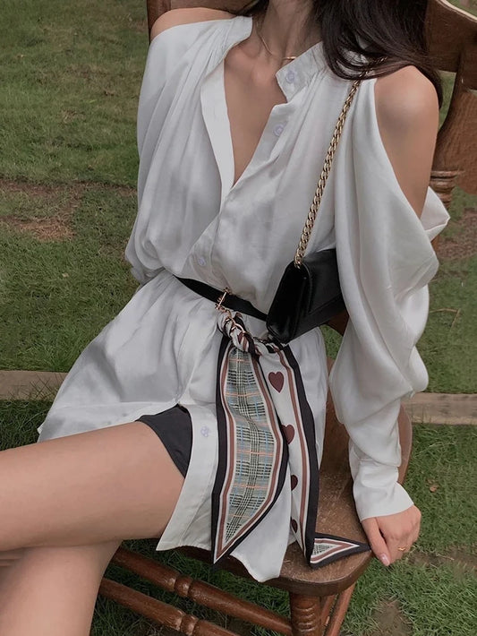 Youth Off Shoulder White Long Shirt Korean Dongdaemun Puff Sleeve Blouses Tops With Belted New
