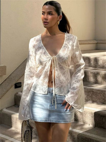 Lace Printed See-through T-shirt Cardigan Top Female Lace-up Patchwork Cropped Y2k Top Tee ’s Bandage Top