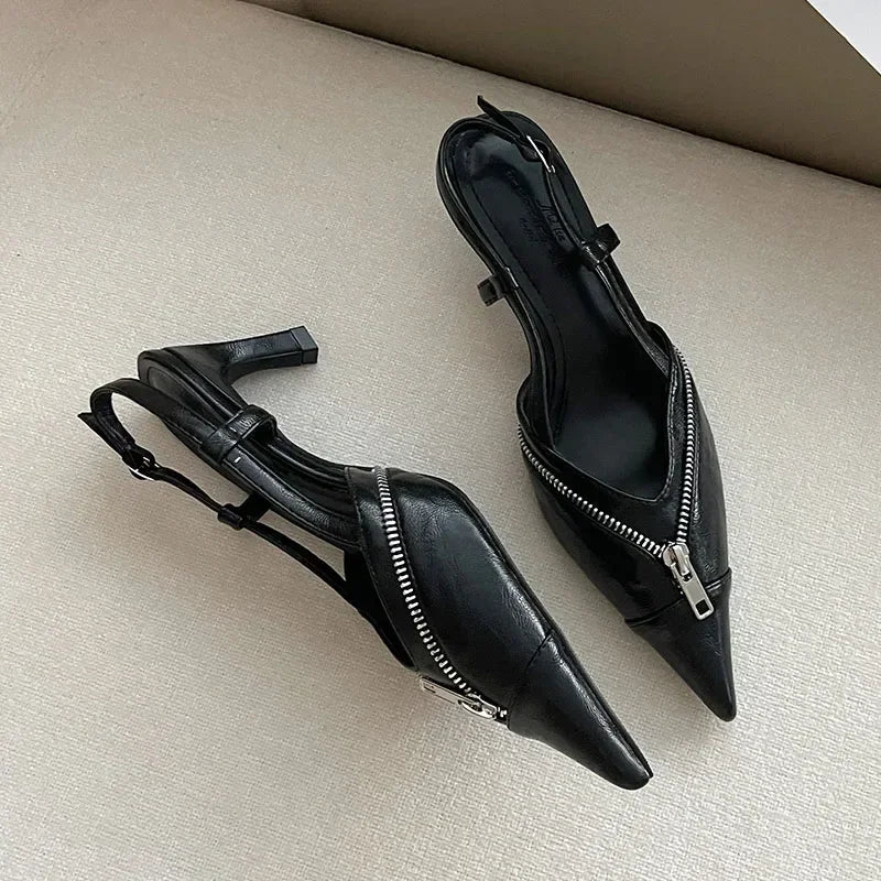 Pointed Toe Mules Pump Zip Design Slingbacks High Heels Female Footwear Summer Brand Shoes