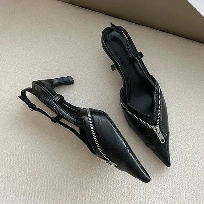 Pointed Toe Mules Pump Zip Design Slingbacks High Heels Female Footwear Summer Brand Shoes