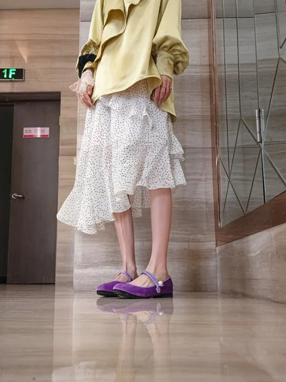 Retro Purple Burgundy Satin Pearl Velvet Mary Jane Flat Shoes for Ballet Flats Students Designer Shoes for