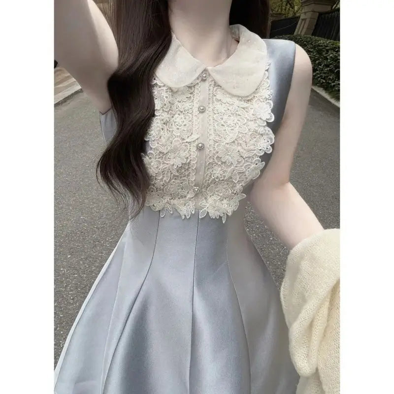 Lace Patchwork Mini Dresses Aline Spring Summer Sweet Dress Korean Sleeveless Vestidos Mujer