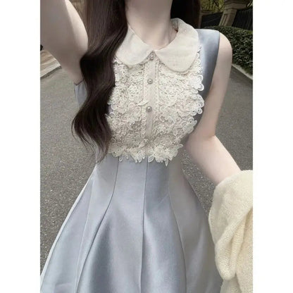 Lace Patchwork Mini Dresses Aline Spring Summer Sweet Dress Korean Sleeveless Vestidos Mujer