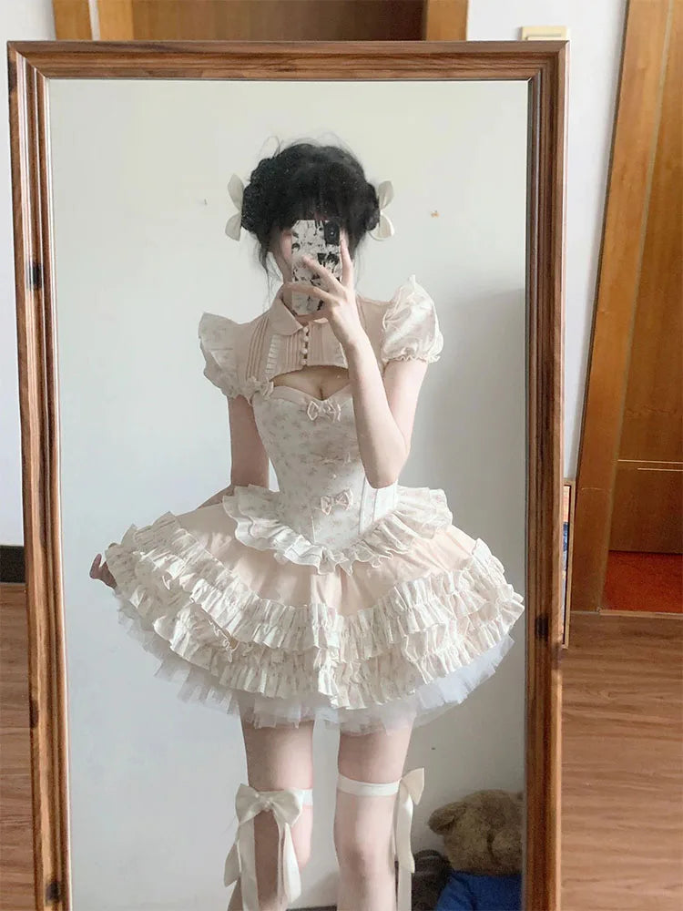 French Temperament Princess Skirt Sets Sweet Bow Strapless Slim Top Ball Gown Skirt Short Sleeve Coat Lolita Threepiece Sets
