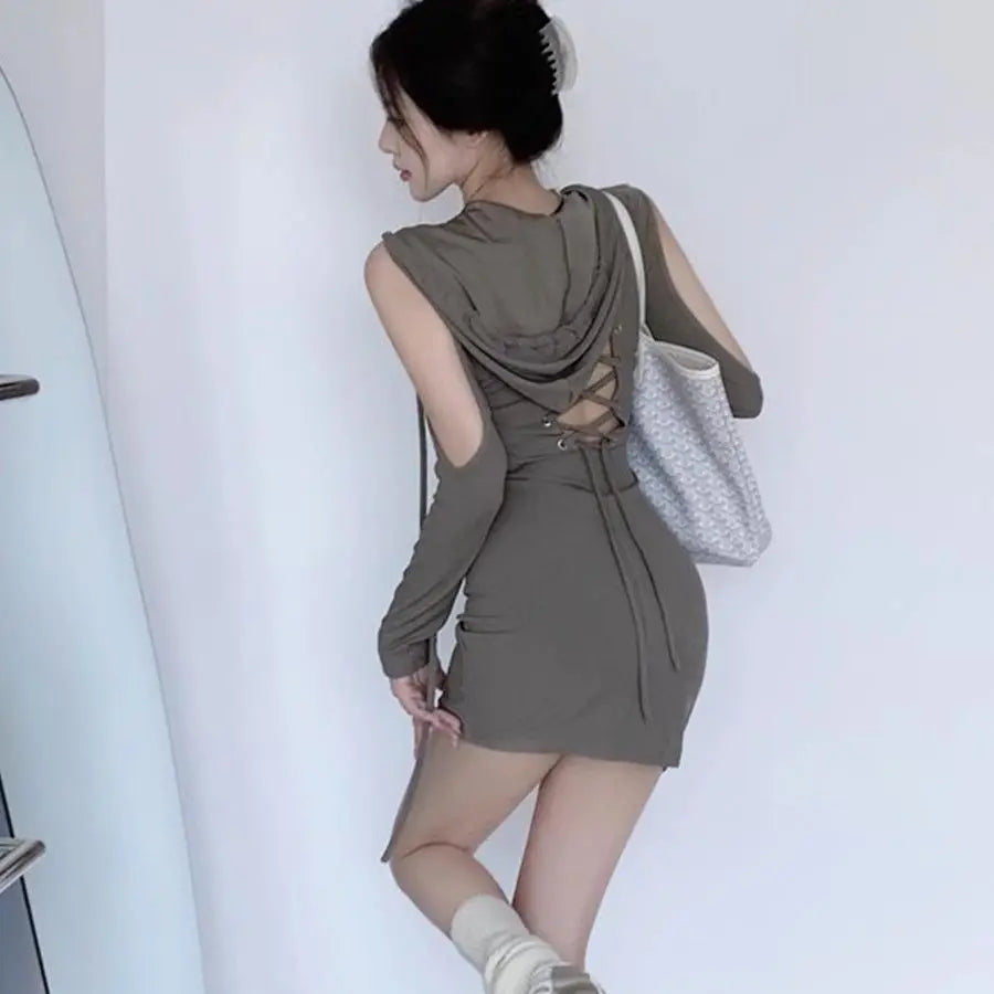 European and American Wasteland Style Hooded Tie Up Dress, Spicy Girl With Waistband and Open Backpack Buttocks Short Skirt