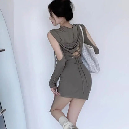 European and American Wasteland Style Hooded Tie Up Dress, Spicy Girl With Waistband and Open Backpack Buttocks Short Skirt