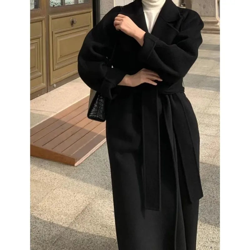 Long Woolen Coat With Belt Autumn Winter New Lapel Long Sleeve Outerwear Overcoat