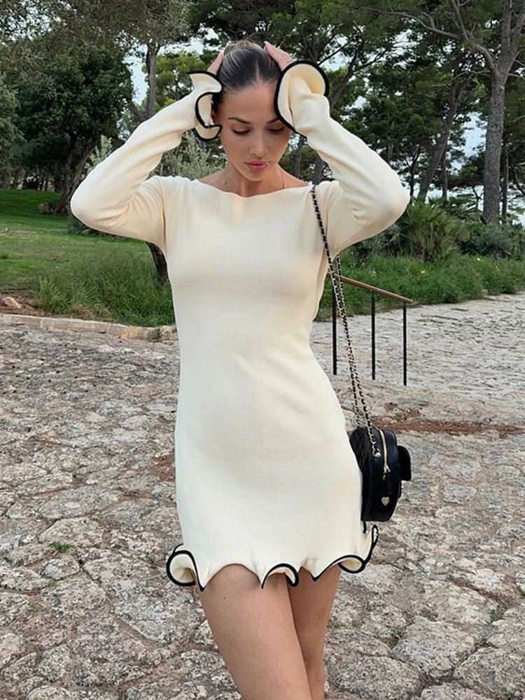 Big Backless Long Dress for Slim Fit Wave Fungus Ear Patchwork Evening Dresses Long Sleeve Autumn New