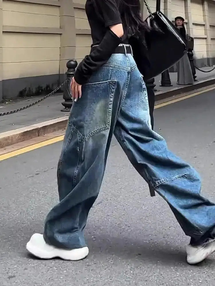 Fashionable High Street Straight Loose Jeans Simple Pocket Loose Wide-leg Jeans Harajuku Style Hip Hop Y2k Pants Baggy Pants
