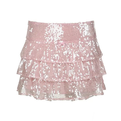 Mini Skirts Sequin Ruffle Pink Layered Short a Line Sparkly Club Party Skirts