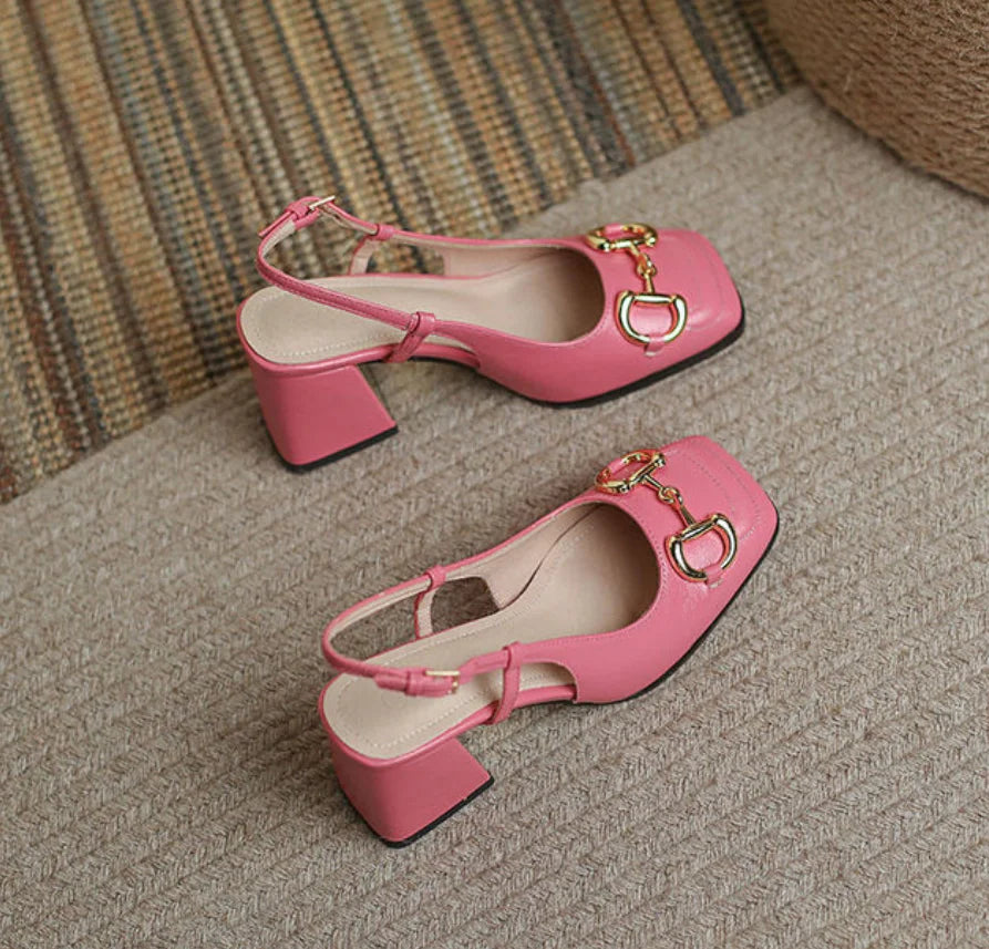Mary Jane Shoes 4143 French Square Headed Thick Heels High Heels Single Shoes Baotou Letter Sandals