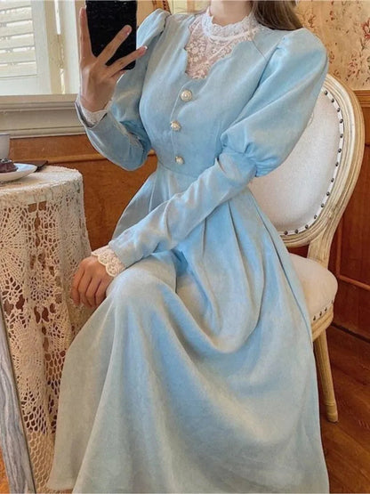 French Autumn Midi Dresses for Puff Sleeve Half High Collar Patchwork Lace Aline Retro Princess Dress Vestidos