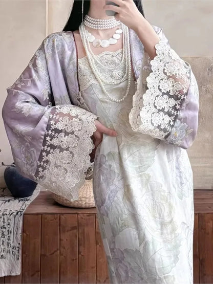 New Chinese Style ’s Two-piece Dress Set Lace Patchwork Cardigan Spaghetti Strap Lace-up Long Dress Female Suit