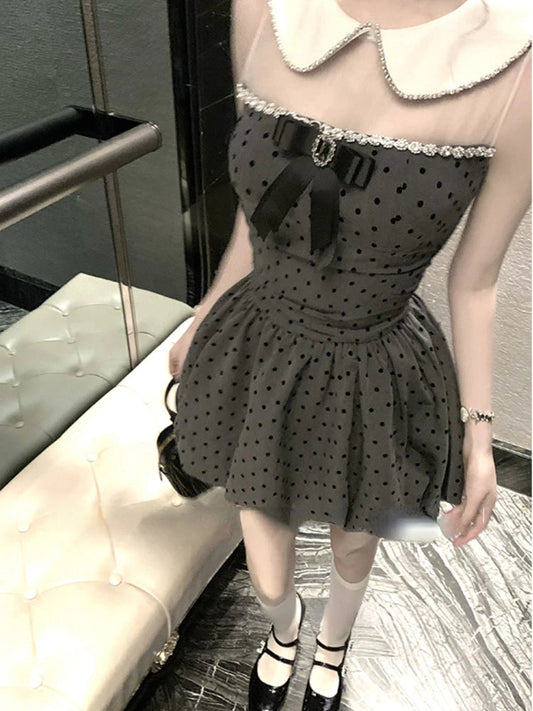 French Mini Dress Sleeveless 2000s Retro Clothing One Piece Dress Korean Y2k Dot Design
