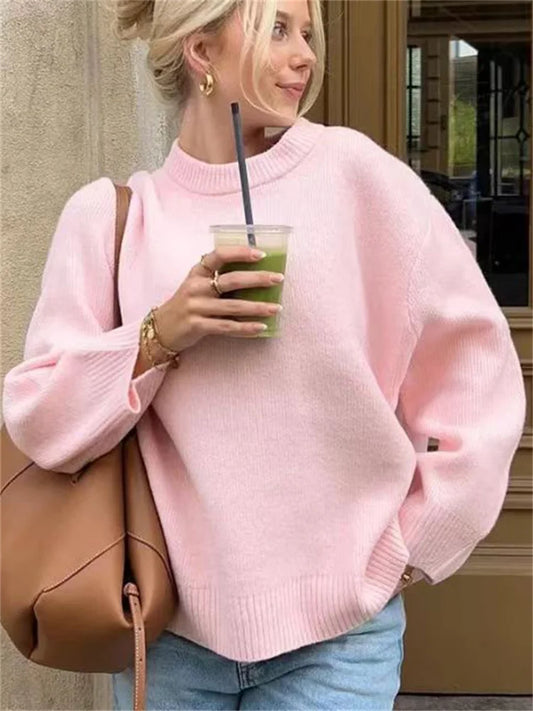 Pink Knitwear Sweater Pullover for Long Sleeve Loose Patchwork Y2k Top Female Knit Pullover New
