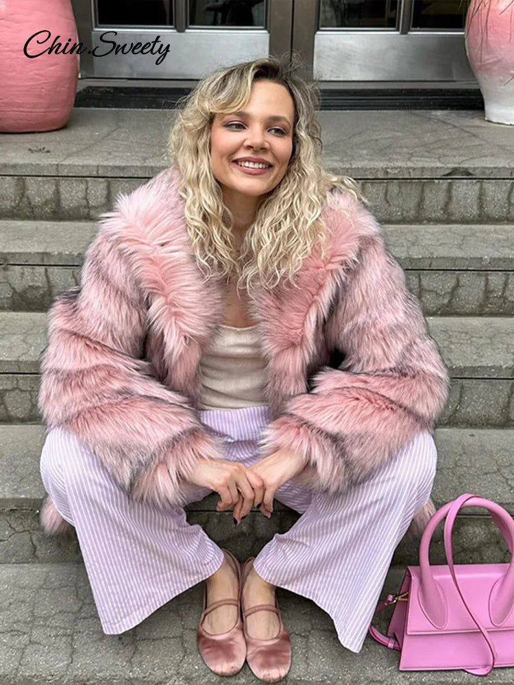 Winter Faux Fur Long Coat for Full Sleeve Fur Collar Oversize Female Jacket New Thick Warm Outwear