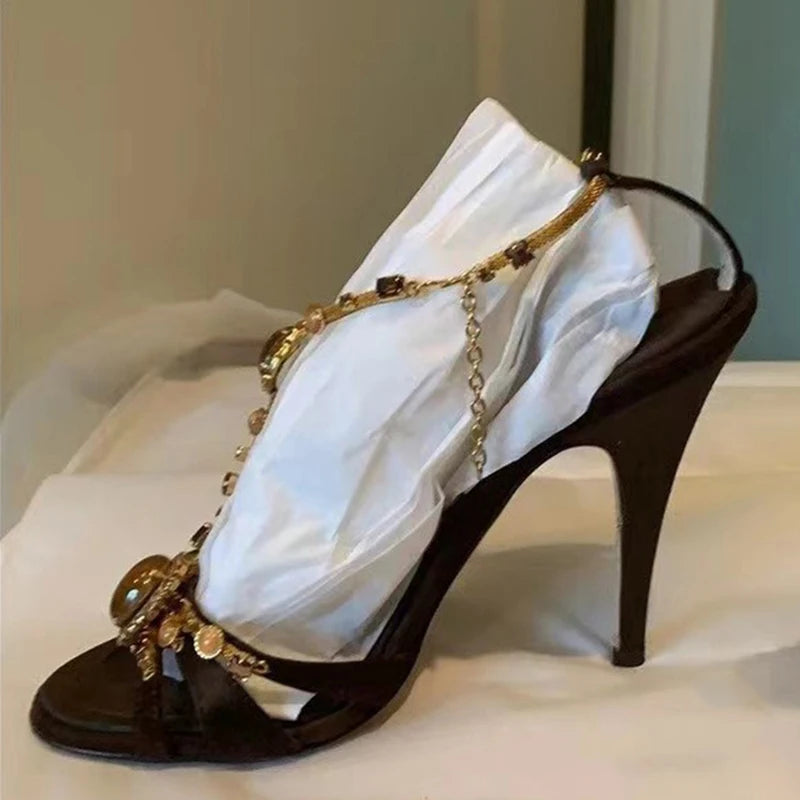 Style Gem Ankle Strap Sandals Silk Open Toe Gladiator High Heels Wedding Prom Shoes Zapatos Mujer