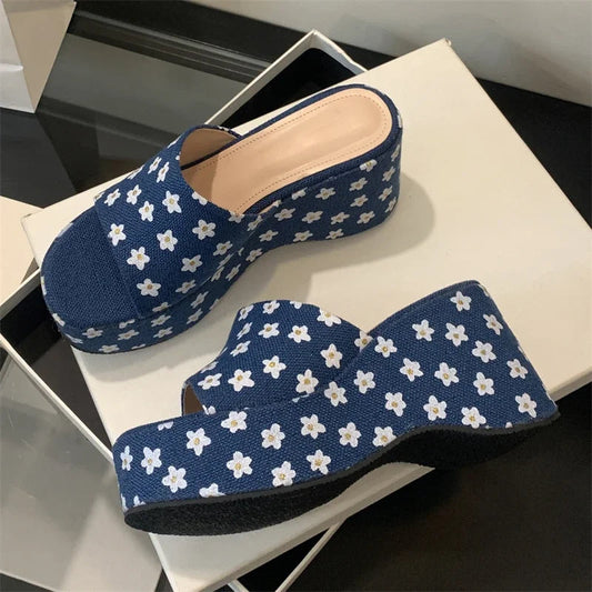 New Summer Flower Platform Wedges Woman Slippers Open Toe Chunky High Heels Slides Shoes