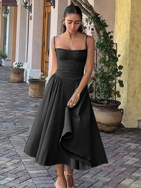 Dress Spaghetti Strap A-line Loose Midi Dresses Female Sleeveless Backless French Retro Long Dress