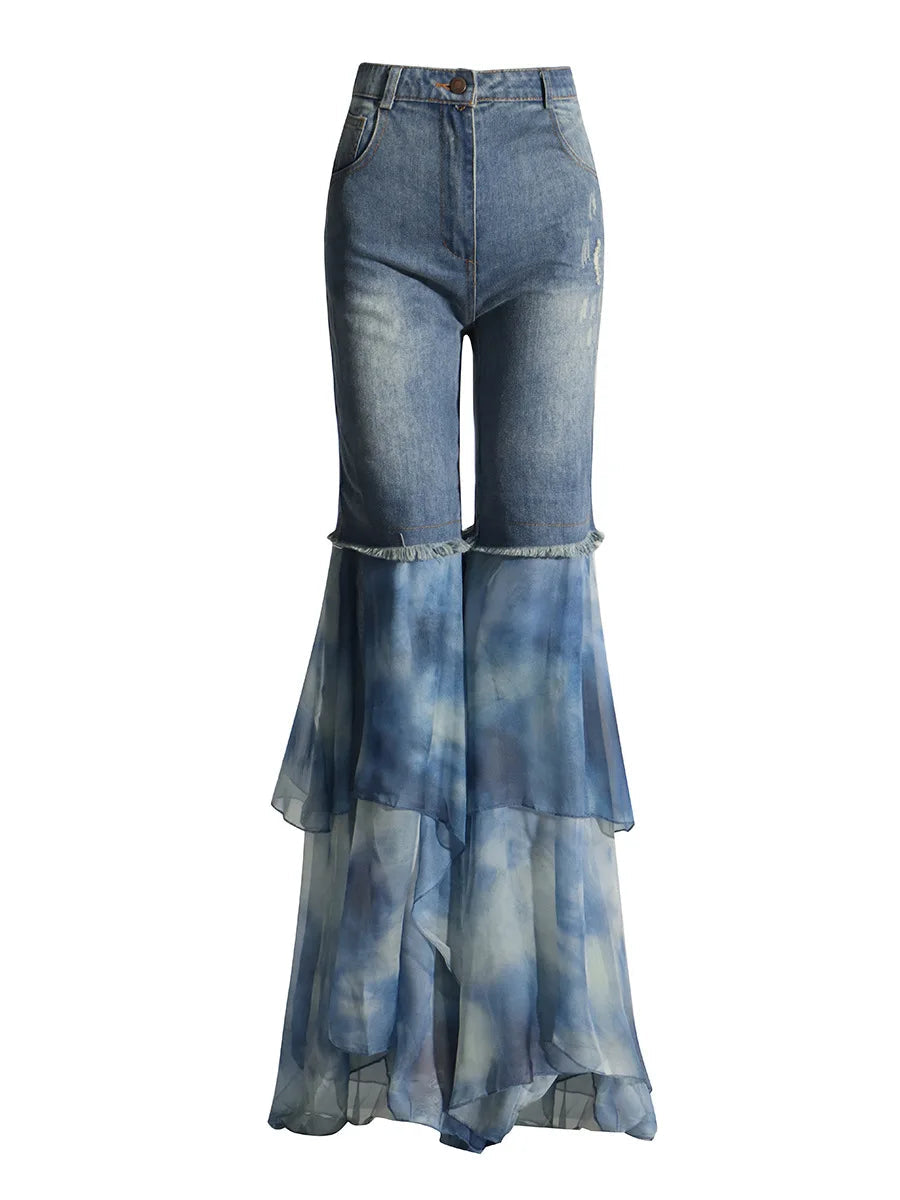Long Troouser Slim High Waist Spliced Print Layered Chiffon Fulllength Flare Pants Summer New