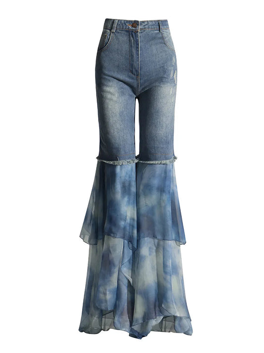 Long Troouser Slim High Waist Spliced Print Layered Chiffon Fulllength Flare Pants Summer New