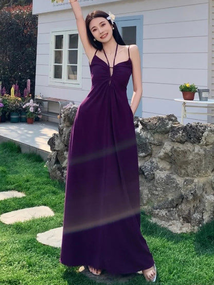 Backless Long Dresses Spaghetti Strap Halter Laceup Wedding Evening Party Dress French Style Aline Vestidos