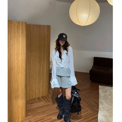 Vneck Ruffled Flared Sleeve Shirt Spring Retro and Stylish Loose Niche Versatile Blouse Top