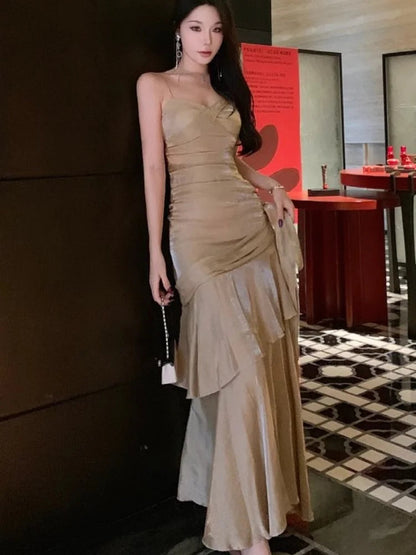 Spaghetti Strap Long Dresses Sleeveless Princess Ruffles Evening Party Dress Summer Holiday Beach Vestidos Robe New