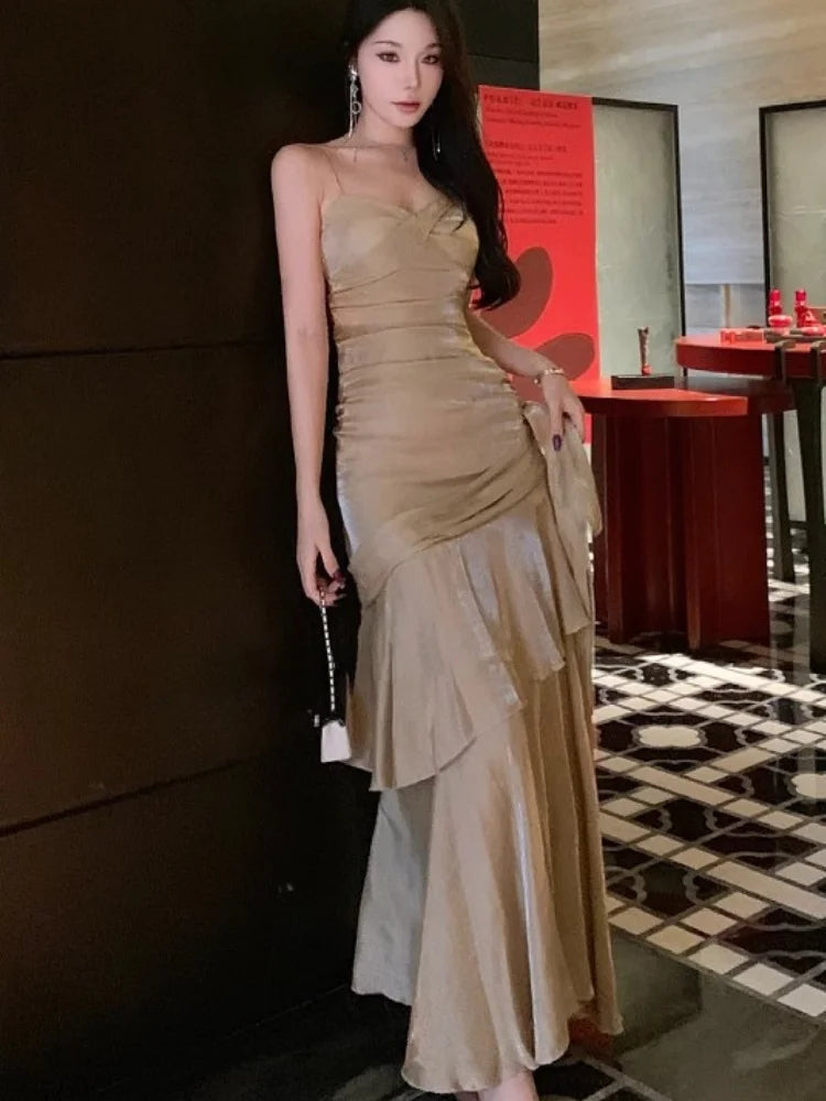 Spaghetti Strap Long Dresses Sleeveless Princess Ruffles Evening Party Dress Summer Holiday Beach Vestidos Robe New