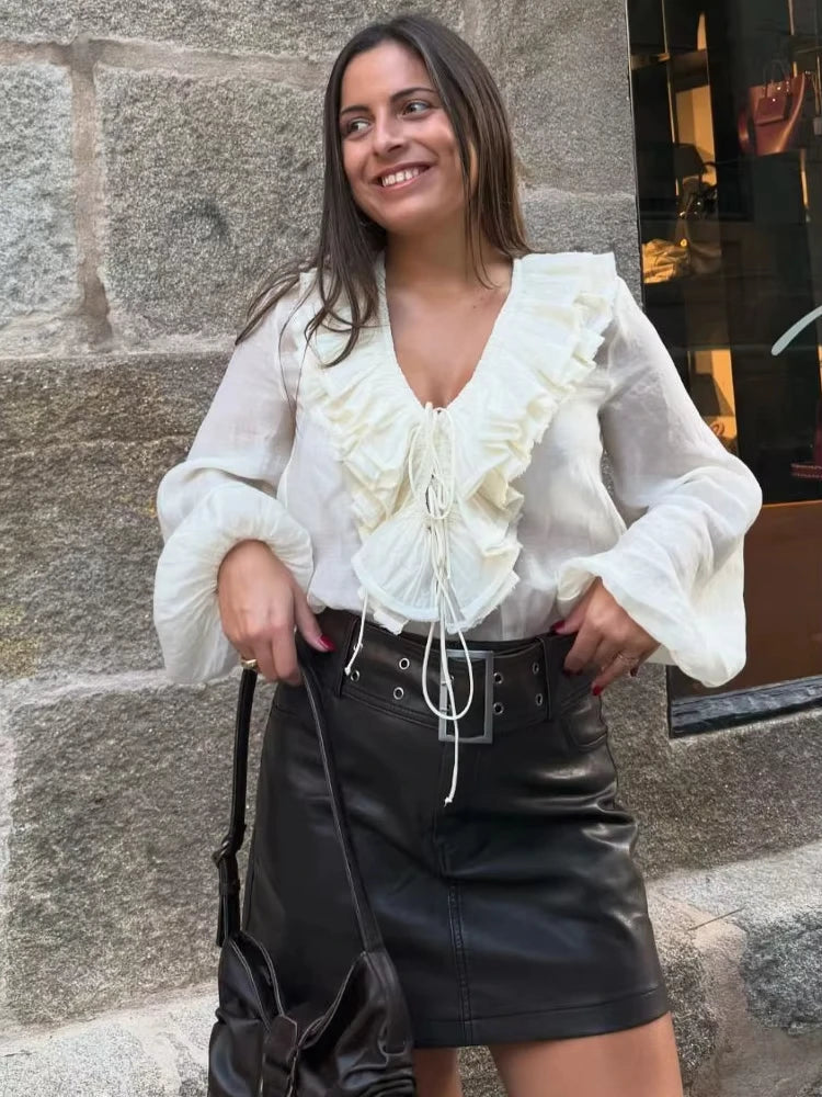 V-neck Lantern Long Sleeve Blouse
