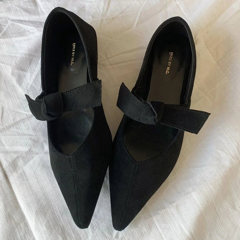 Satin Pointed Toe Mary Jane Bow Knitted Flats Shallow Comfortable Chunky Heel Shoes Design Ballet Shoes