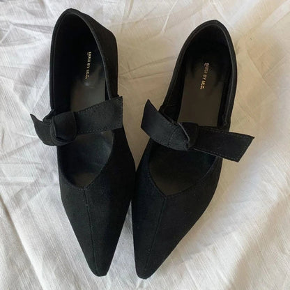 Satin Pointed Toe Mary Jane Bow Knitted Flats Shallow Comfortable Chunky Heel Shoes Design Ballet Shoes