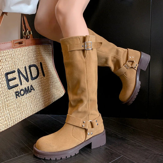 Natural Suede Leather Slipon Autumn Knee High Boots Thick Sole Platform Flats Winter Long Boots Metal Buckle Punk Shoes