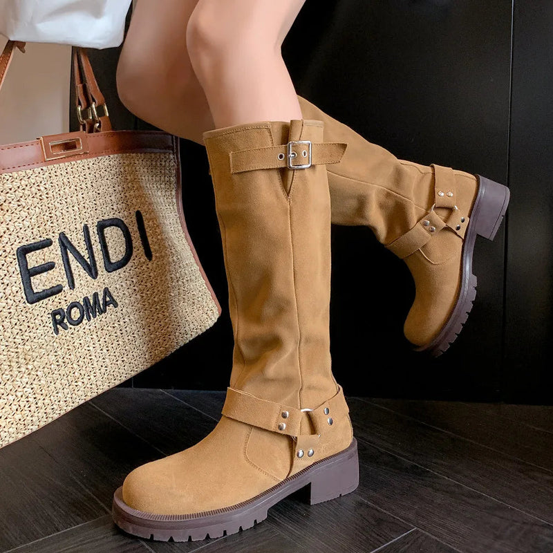 Natural Suede Leather Slipon Autumn Knee High Boots Thick Sole Platform Flats Winter Long Boots Metal Buckle Punk Shoes