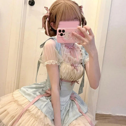 Little Ribbon Lolita Lace Sling Dress Sweet Sp Ballet Style Cake Princess Puffy Onepiece Dress Summer Pettiskirt
