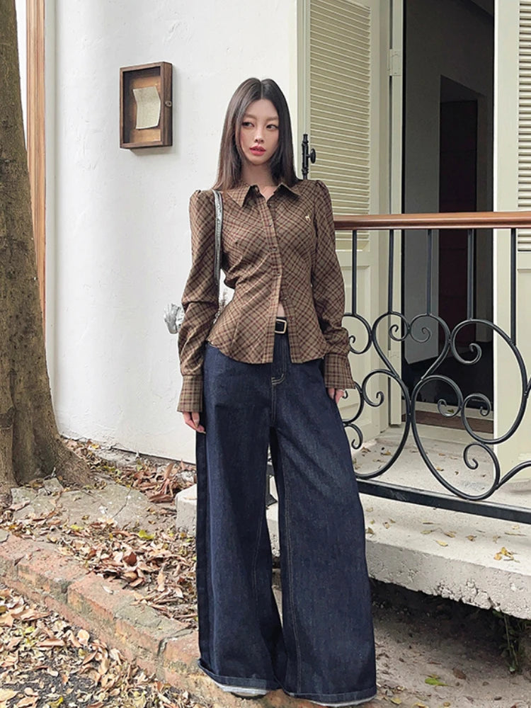Plaid Shirt Brown Embroidered Waistband Tied Blouse Puff Sleeve Tops Spring Slim Button Up Clothes