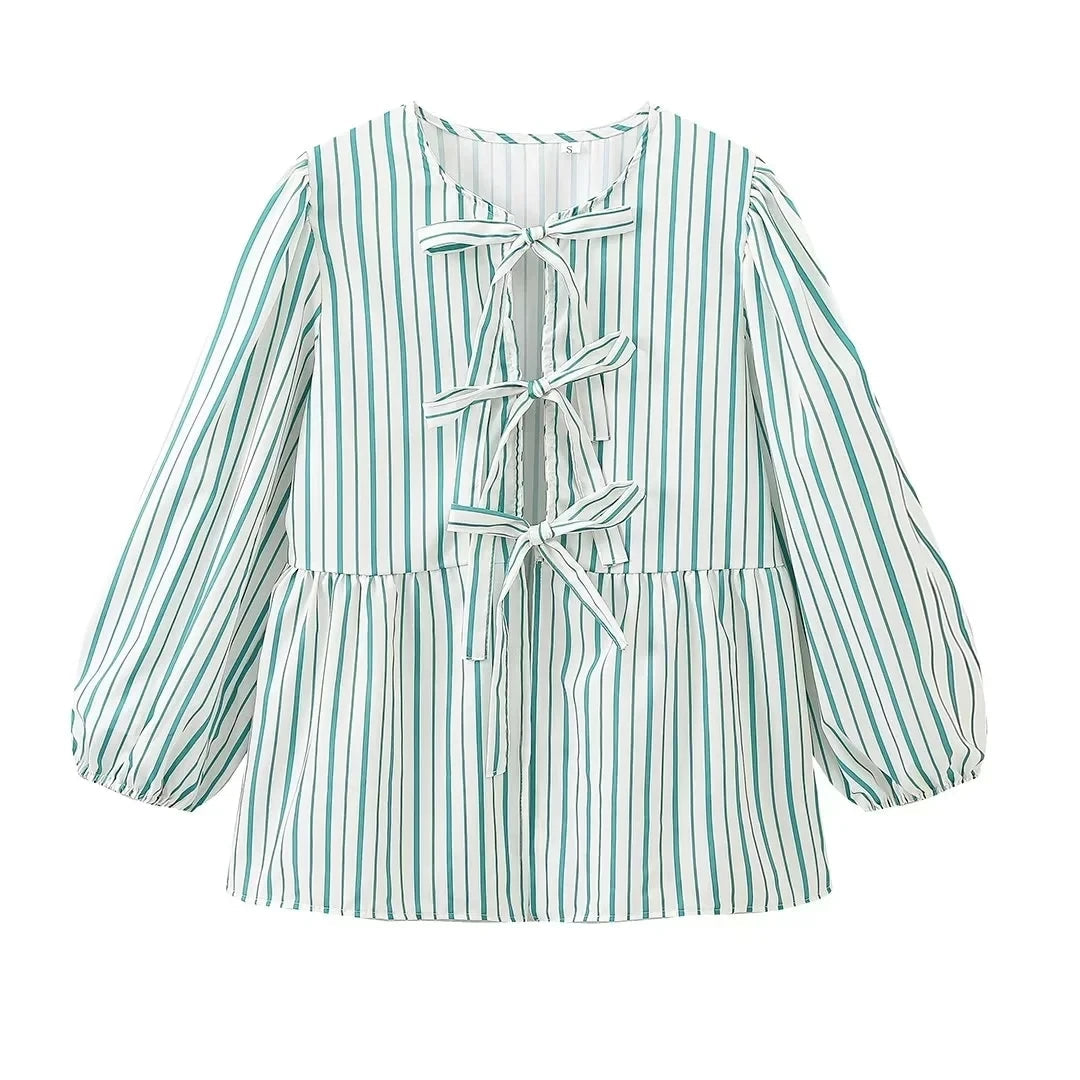 Summer Woman Bow Tied Lace Up Shirts Puff Short Sleeves Blouse Oneck Ruffle Color Tops