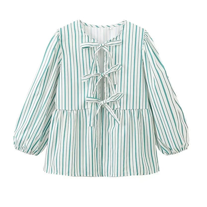 Summer Woman Bow Tied Lace Up Shirts Puff Short Sleeves Blouse Oneck Ruffle Color Tops