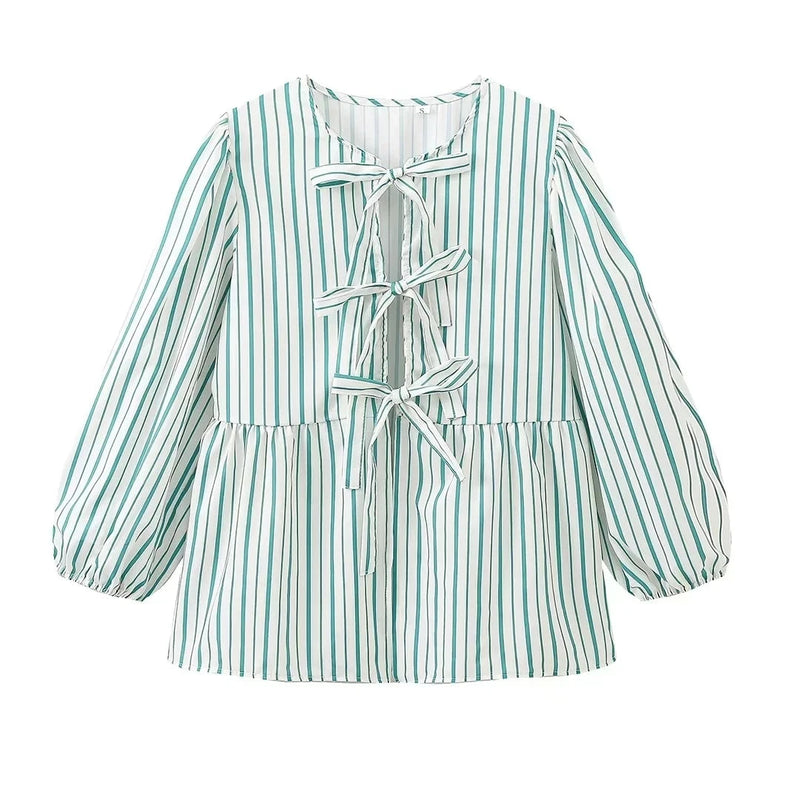 Summer Woman Bow Tied Lace Up Shirts Puff Short Sleeves Blouse Oneck Ruffle Color Tops