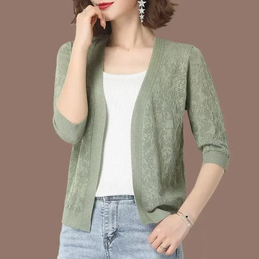 Thin Knitted Cardigan Summer Ice Silk Sun Protection Coat ’s Short Knit Sweater Hollow Out Shawl Jacket